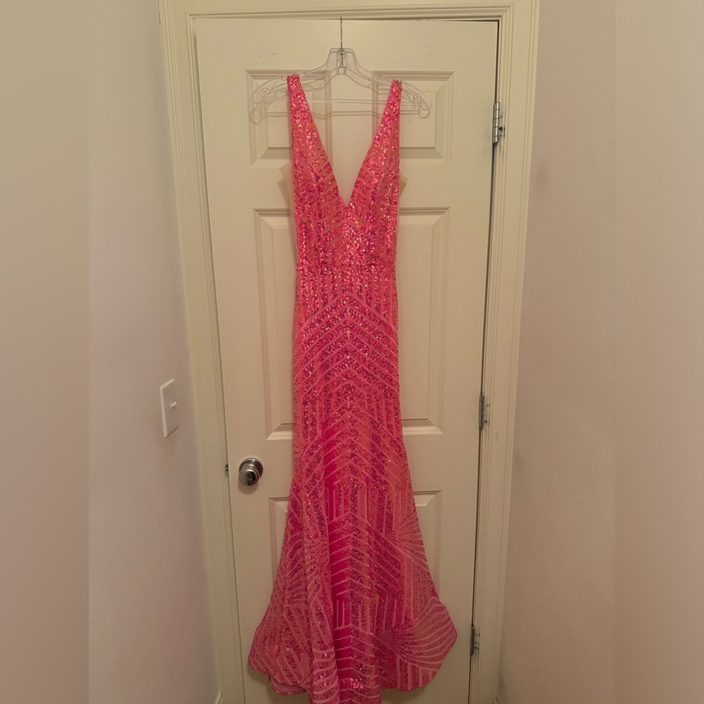 Mermaid Deep V Neck Hot Pink Sequins Prom Dress